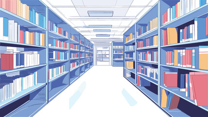 The image is a digital illustration depicting the interior of a large library. The perspective is a long shot down a central aisle, showing rows of tall bookshelves filled with various