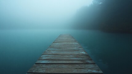 Misty lake pier, serene morning fog (1)
