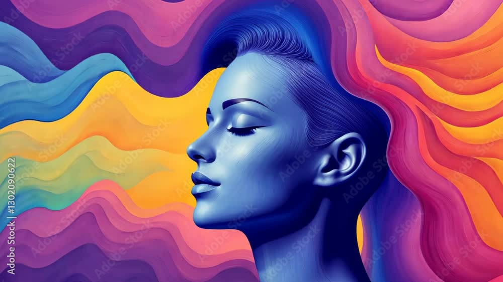 Poster vibrant psychedelic mural depicting journey in colorful waves illustrating dreamlike visions with su