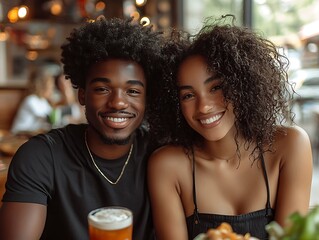 Smiling couple dining cafe date