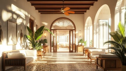 Sunlit Tropical Interior Hallway with Spanish Colonial Design