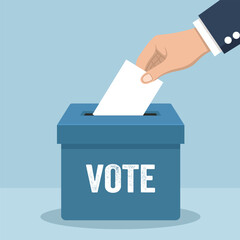 Illustration of a hand placing a ballot paper into a blue ballot box with the word VOTE written on it.