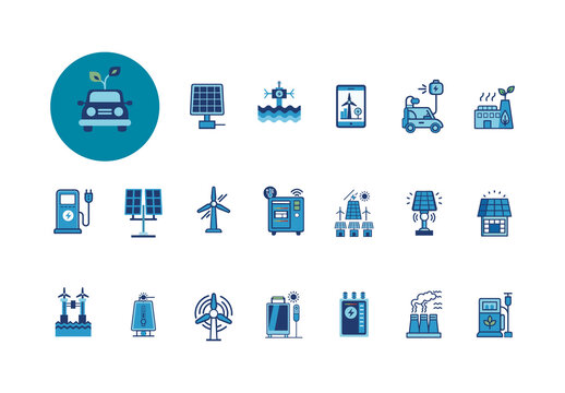 Blue Renewable Energy Eco Friendly Electricity Icons Set