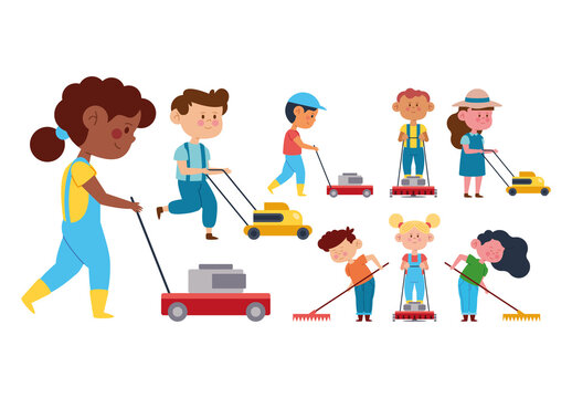 Colorful Boy Mowing Grass Garden Maintenance Illustration Set