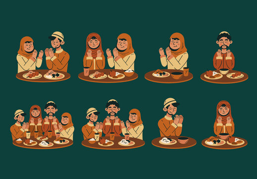 Brown and Beige Traditional Muslim Iftar Illustration Set
