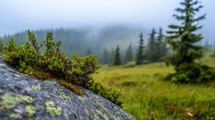 Mountaintop flora in misty alpine meadow