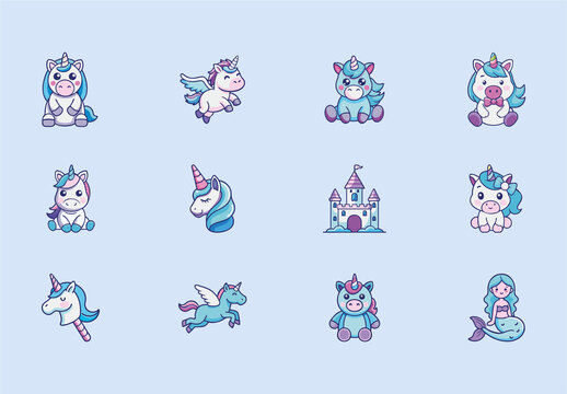Colorful Fantasy Unicorns Mermaids Castle Characters Set