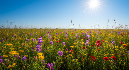 Vibrant wildflower meadow summer landscape sunny day blooming flowers red on transparent background