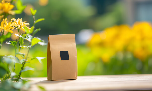 A small brown paper bag sits on a wooden surface, surrounded by vibrant flowers in a sunny garden setting.