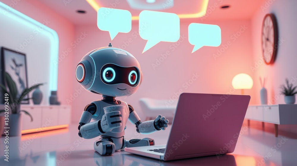 Poster chatting robot: a cute robot interacts with a laptop, engaging in digital conversations with thought