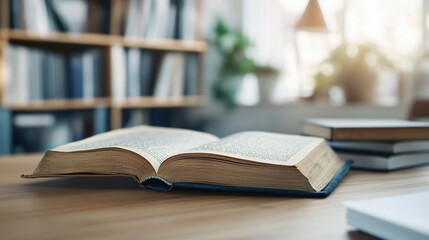 Open book on study desk, library background