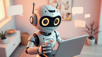 Friendly robot working from home with laptop, coffee and chat bubbles, cozy home atmosphere.