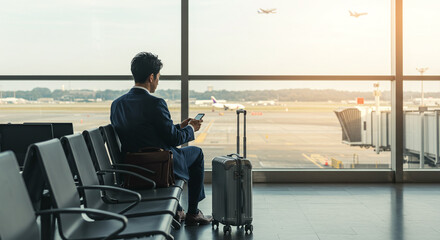 空港の待合エリア・空港ロビー・男性・スーツを着たビジネスマンが座ってスマートフォンを操作