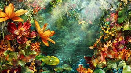 Vibrant Autumn Floral Fantasy Scene with Orange and Yellow Flowers