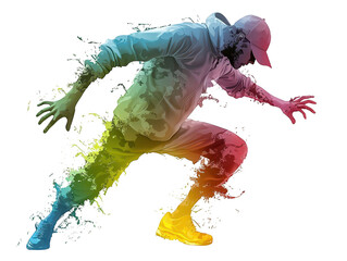 Dynamic leap of freedom, man in white shirt jumps with joyful energy against a vibrant sky