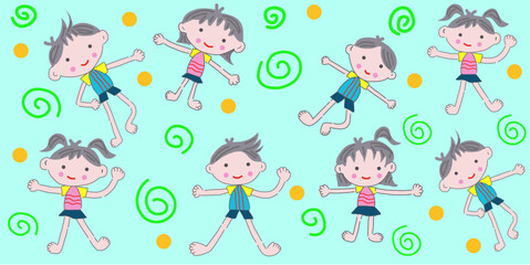 Children seamless background vector featuring playful boys and girls with colorful elements on a light backdrop.