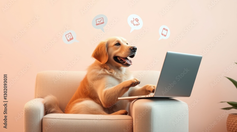 Poster golden retriever operates a laptop on a cream couch with application notifications floating above.