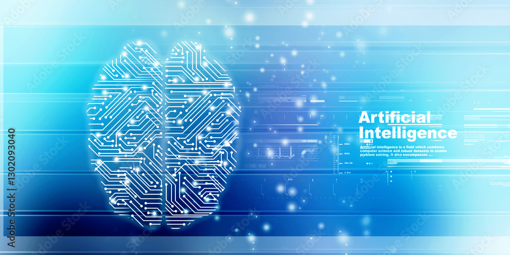 Poster 2d illustration concept of thinking, background with brain, abstract artificial intelligence. techno
