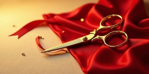 Elegant gold scissors poised on rich red satin fabric, ready to cut a ceremonial ribbon