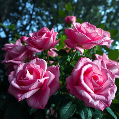Fototapeta premium A low angle perspective of a set of beautiful pink roses with lush green leaves, cut out, creating a dramatic, mystic, and enchanting environment with a dreamlike atmosphere and otherworldly ethereal 