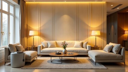Fototapeta premium Serene Living Room Interior Design with Warm Lighting, Elegant Furniture, and Soft Textures