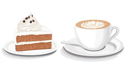 A digital illustration depicting a slice of layered cake with whipped cream and chocolate chips on a small plate, positioned to the left. To the right is a cup of cappuccino or latte with
