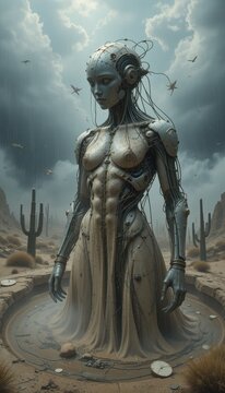 Futuristic Female Robot in Desert Landscape Under Stormy Sky Digital Art Sci Fi Artwork