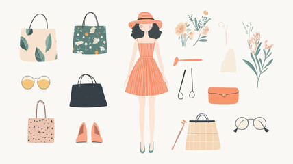 A digital illustration featuring a stylized female figure wearing a coral-colored sundress and a straw hat.  Surrounding the figure are various fashion accessories including different