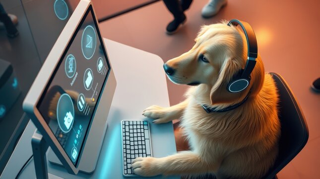 A golden retriever wearing headphones is working at a computer, looking intently at the bright screen.
