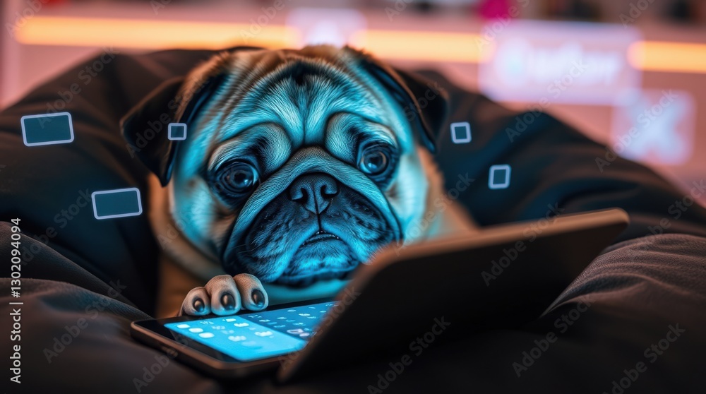 Poster pug using a digital tablet while relaxing on a dark comfortable sofa at home, illuminated by blue li