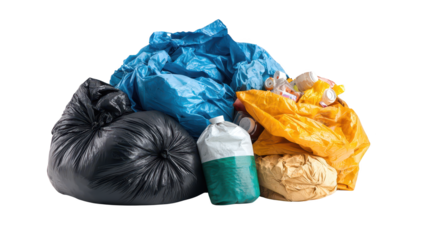 Pile of garbage bags on a dark background, waste disposal and environmental concerns