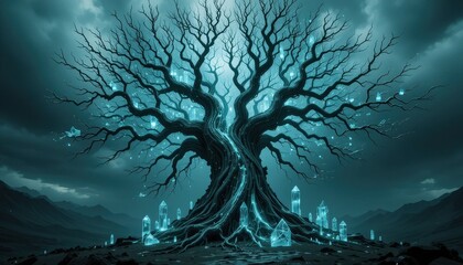 Enchanting Glowing Crystal Tree Fantasy Artwork Mysterious Night Scene Digital Painting