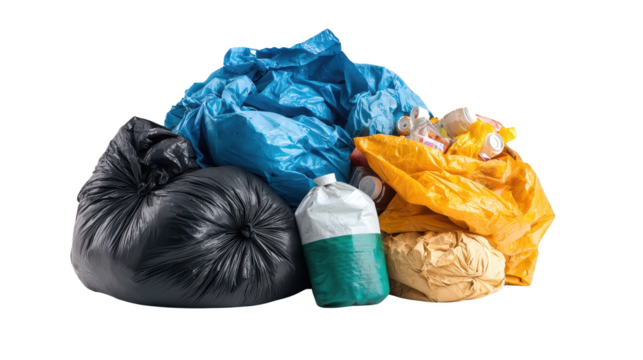 Pile of garbage bags on a dark background, waste disposal and environmental concerns