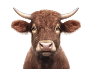 Closeup portrait of a brown cow, showcasing its distinctive big nose and majestic horns