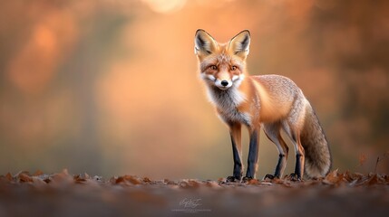Fototapeta premium Red Fox Autumn Forest Sunset Portrait