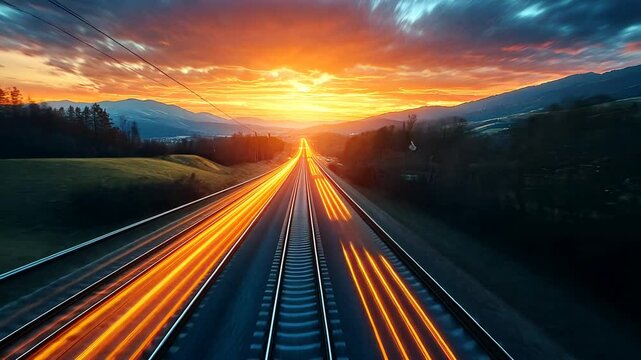Sunrise Train Tracks Through Mountain Landscape