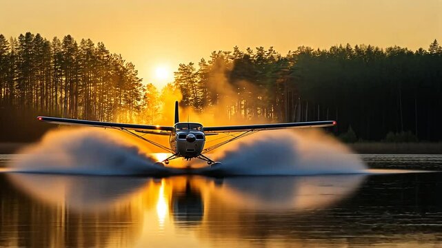 Sunrise Waterplane Landing on Calm Lake