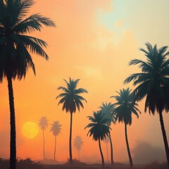 Obraz premium Tropical sunset silhouette: Palms against a vibrant orange and blue sky at dusk. Coastal serenity.
