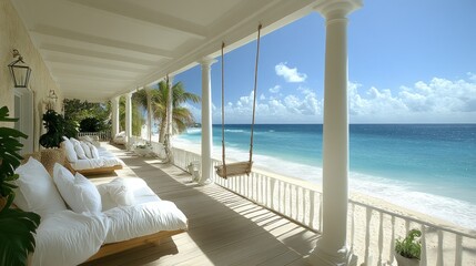 Fototapeta premium Tropical beachfront porch swing with ocean view