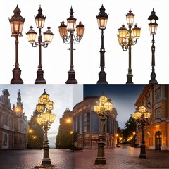 Obraz premium Collection of ornate vintage street lamps with glowing lights urban decor 