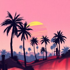 Retro sunset with palm trees against a pink sky, evokes a classic, tropical vacation aesthetic.