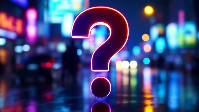 Neon Question Mark in a Vibrant City Nightscape: A Mystery Unfolds Under Urban Lights