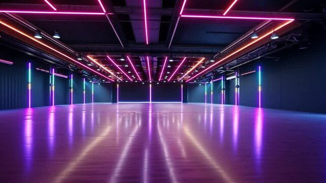Modern dance studio with vibrant neon lights and reflective floor, creating dynamic atmosphere in empty space with contemporary design and urban style for creativity.