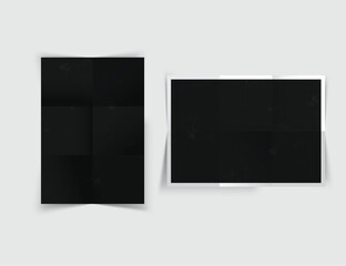 Realistic blank folded paper posters mockup with shadow isolated on background. Design wrinkled leaflet template for presentation artwork, picture, ads, banner, exhibition. Vector illustration
