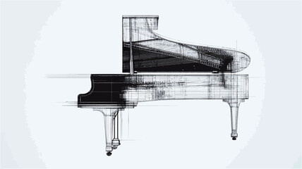 The image is a monochrome illustration of a grand piano. The piano is depicted in a translucent, almost ghost-like manner, with its form partially transparent, revealing a suggestion of