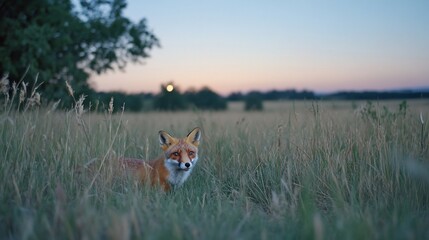 Red fox in tall grass at sunset