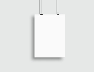 Realistic blank hanging paper posters mockup with shadow on wall and black paper clip, binder isolated on background. Design poster template for presentation artwork, picture, ads. Vector illustration