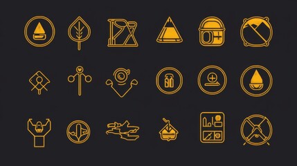 Adventure gear pictogram collection rendered in consistent line weight, harmonious outdoor theme, gentle curved edges, symmetrical compositions, clear visual communication, organized icon spacing,