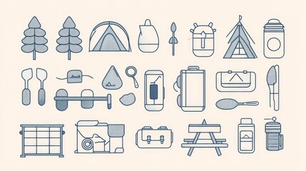 Camping essentials icon pack drawn in friendly cartoon outline style, balanced stroke thickness, cohesive visual system, coordinated scaling, clear readable shapes, organized layout grid,