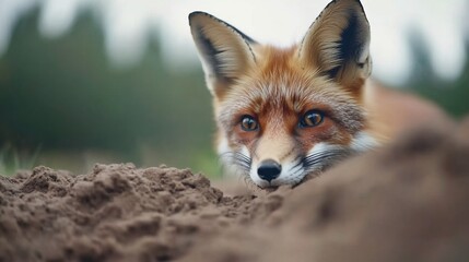 Red fox peering from woodland burrow